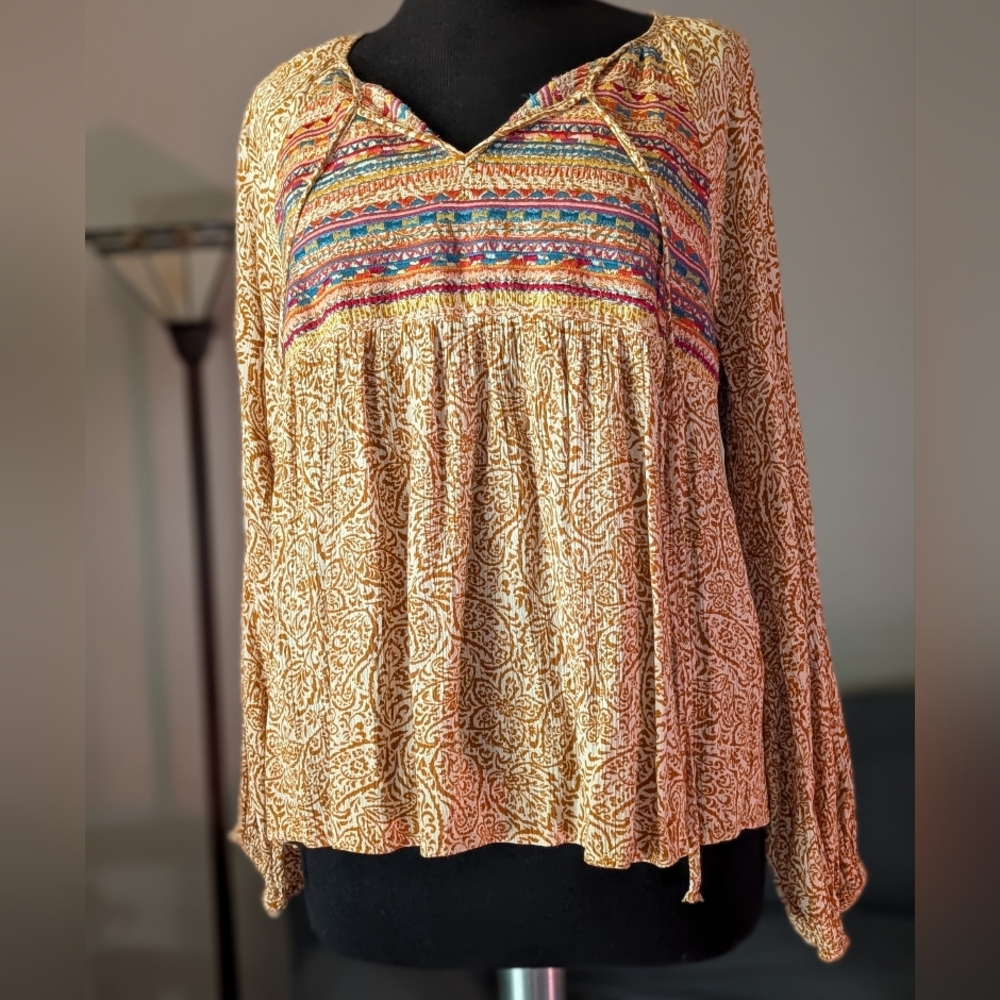 Savanna Jane Mustard Paisley Embroidered Yoke Tunic